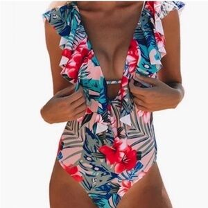 Sporlike Women One Piece Swimsuit V-Neck Ruffle Padded Monokini Med